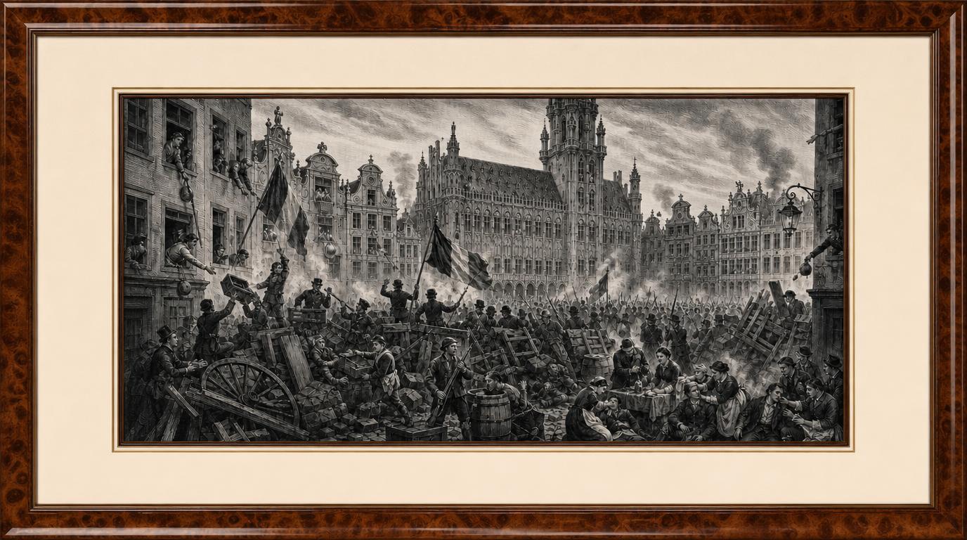 Gravure des insurgés et des barricades sur la Grand-Place pendant la révolution de septembre 1830